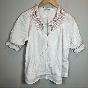 Madewell White Embroidered Freckle Boho Prairie Cottagecore Blouse Smocked